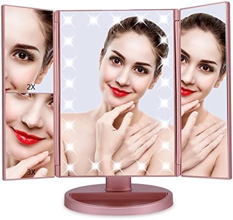 Огледало За Шминка Огледало За Суета Со Светла, 1x/2X/3X/10X Зголемување, 22 LED Trifold Огледало За Шминка, Екран На Допир, Двојно Напојување,