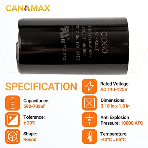 CANAMAX 590-708 MFD UF 50/60 Hz 110-125 VAC волти на почетокот на кондензаторот-Замена за наизменичен мотор или стартување на