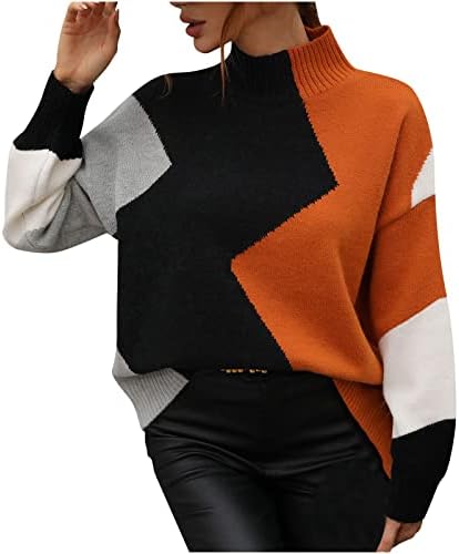 Women'sенски плетен џемпер од 2022 година преголем блок во боја плетен пулвер, пријатна скокачка скокач, паѓаат долги ракави блузи
