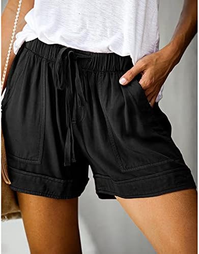 Шорцеви за нефериф за жени обични летни шорцеви цврсти лабави удобни влечење еластични панталони со високи половини со џебови со џебови