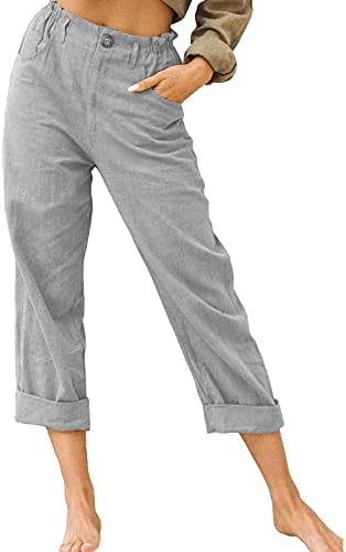 Gufesf Women'sенски исечен памучен постелнина панталони летни панталони на глуждот со џебови широки панталони за нозе