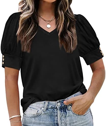 Летни врвови за жени обични облечени цврсти блузи со кратки ракави против вратот лабава удобна пулверска маица кошули