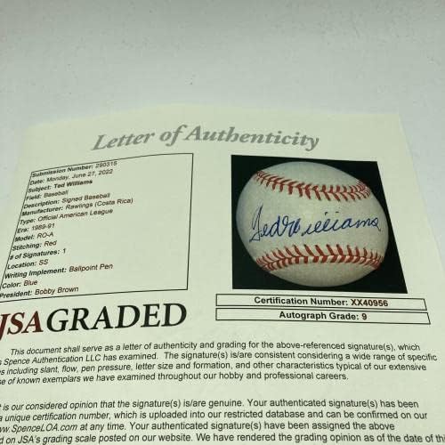 Зачудувачки Тед Вилијамс Сингл Потпишан Бејзбол ВО Американската Лига ЈСА Оценето НАНЕ 9 - Автограмски Бејзбол Топки