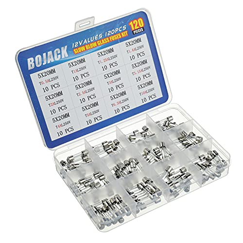 Bojack 12 вредности 120 парчиња бавен удар стакло Осигурувачи Комплет 5x20mm 250V T0.5A 1A 1.25A 1.6A 2A 2.5A 3A 3.15A 4A 5A 6.3A 10A PACKAG во чиста пластична кутија