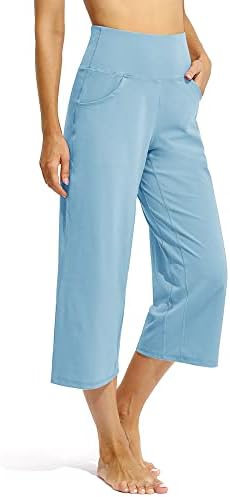Провери капри панталони за жени широки нозе јога панталони со џебови со високи половини, панталони за лежење на култури
