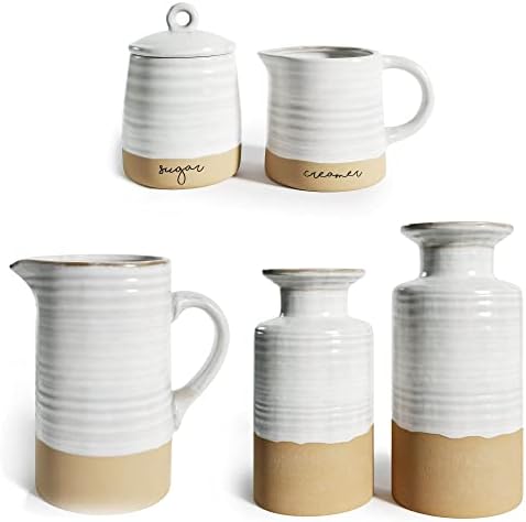 Barnyard Design Ceramic stoneware стомна, сет на шеќер и крема, сет на вазни, кујна во кујна и декор на маса, слонова коска/тен