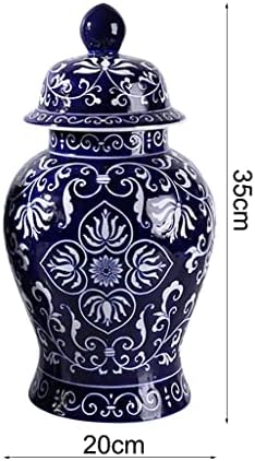 Jingdezhen Класичен сино -бел европски образец порцелански цветен храм ѓумбир тегла со капак, висина 13,5 “