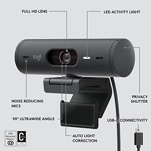 Logitech Brio 505 Full HD Веб Камера со Автоматска Корекција На Светлина, автоматско врамување, Режим На Прикажување, микрофони