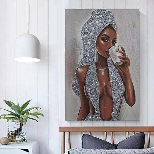 Афроамериканец Црна жена сребрена сјај текстура платно за печатење постер платно платно wallидни уметнички отпечатоци за wallидни