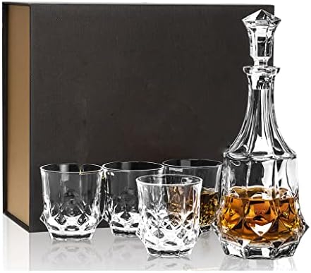 Дсфеоиги Виски Декантер Комплет од 4 Кристални Чаши во Кутија За Подароци, Рачно Изработено Шише Со Алкохол За Роденденска Забава