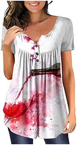 LCEPCY TUNIC врвови за жени низ целата печатена маица против копчето V вратот ги разгали летните летни кошули со кратки ракави за кратки ракави