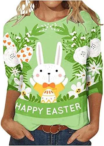 Womenенски Велигденски кошули Симпатична зајаче печати 3/4 ракави врвови на велигденски јајца екипаж на вратот маичка летна обична