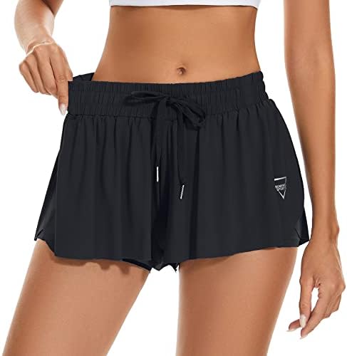 Durio 2 во 1 Flowy Running Shorts за жени со високи половини теретани тениски шорцеви со двојни слоеви шорцеви со џеб со џеб