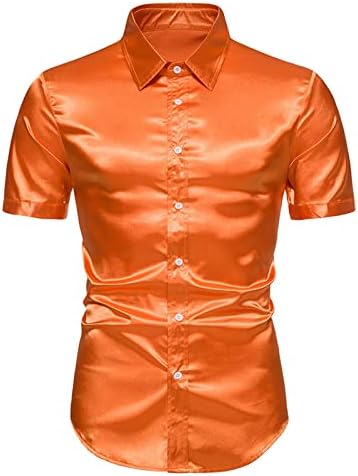 Менс кратки ракави летни сјајни кошули копче за свртување на јака случајни светли врвови машки Т.