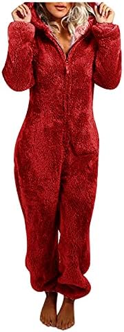 Ausyst Rompers за жени со долги ракави со аспиратор, симпатична пижами, цврста боја, случајна зимска топла облека за спиење,