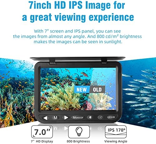 Moocor Подводна Камера За Риболов, Qd Надградена HD 1080p ® Пренослив Видео Пронаоѓач На Риби со HD IPS 7 Инчен Екран, IR И LED Бели Светла,