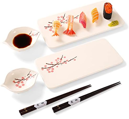 Релаксирачки градинарски Јапонски комплет за чинии за суши, 10-инчни правоаголни керамички садови за суши, сет за суши со 2 јапонски јадења и 2 садови за потопување и