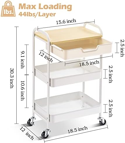 Количка за тркалање со 3-нивоа за алатка со дрвена табла и фиока, метална количка за складирање со рачка, организатор на кујната со бела количка