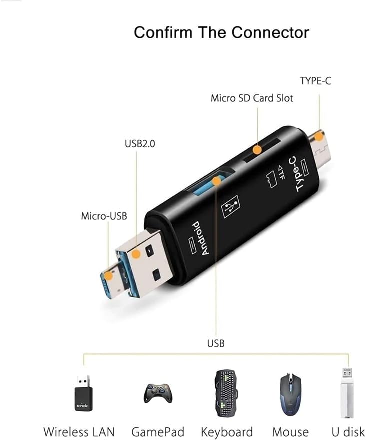 Волт+ 5 во 1 Мултифункционален читач на картички компатибилен со Realme RMX3300 има USB-тип-C/ microUSB/ TF/ USB 2.0/ SD читач