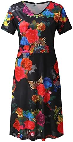 Wxhn Bohemian долг фустан за жени моден краток ракав Тркалезен врат Цветни печатени летни каузални лабави текови фустани