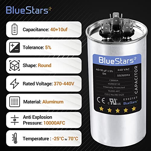 40+10 UF 370-440VAC ± 5% Волт -тркалезно работење на кондензатор Електричен Заменски дел од BlueStars - Точно вклопување за HVAC, климатизери,