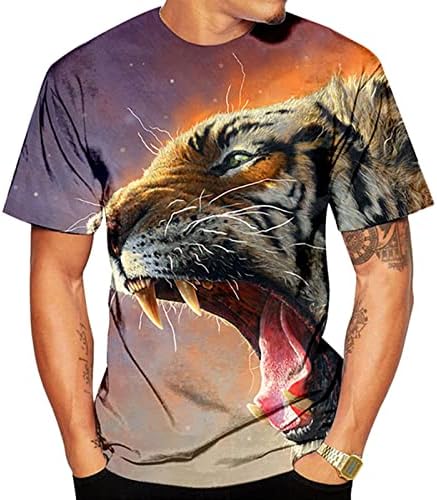 Ubst летни кратки ракави маици за мажи, улица 3D тигар печати екипаж маица тенок фит модни обични врвови за обични кошули за тато момче сопруг