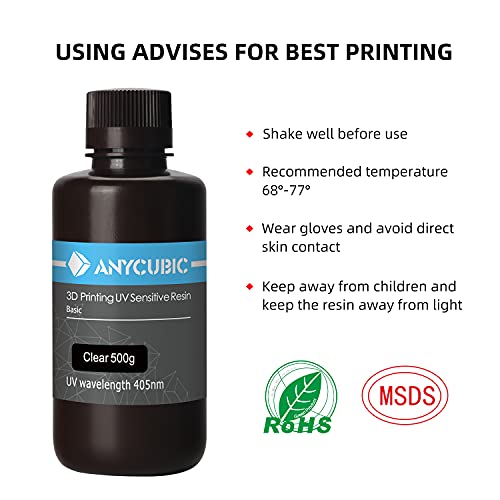 Смола на 3Д печатач на AnyCubic, 405Nm висока прецизност Брза лекување УВ фотополимерна смола за ЛЦД 3Д печатење, 500g јасно