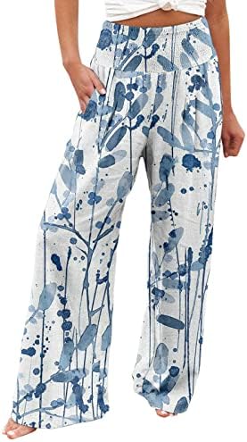 Lcepcy жени лето високо половината памучна постелнина пантацо панталони печатени широки панталони со панталони со долга нога со џеб
