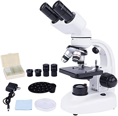 Бинокуларен микроскоп за возрасни деца, 40x-1000x соединение микроскоп со слајдови за микроскоп за носење поставени WF10X & WF25X Eyepiece