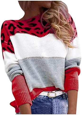 Muduh џемпери за жени трендовски леопард печатен контраст во боја, случајна лабава лабава долга ракав пулвер грда Божиќен џемпер
