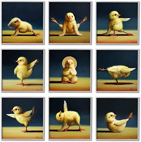 Студени индустрии за јога пилиња смешни фарми животни мирни птици што се протегаат, дизајн од Луција Хефернан Греј Фрамена wallидна уметност,