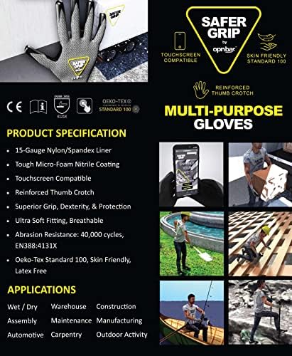 Работни ракавици на Opnbar Safergrip X-Large-обложени со нитрил-компатибилен со екран на допир-ракавици за работа, градежништво,