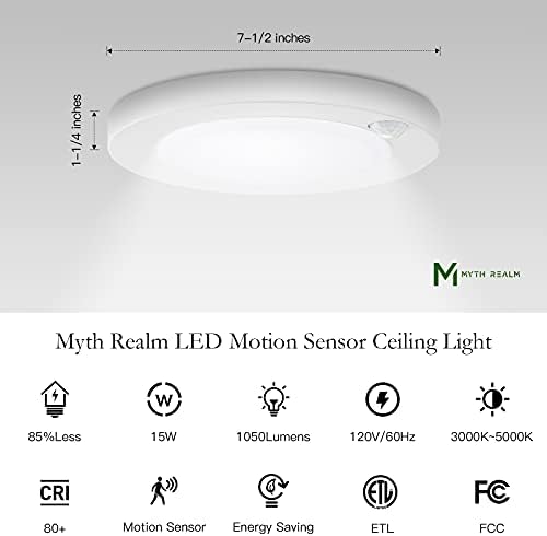 Myth Realm LED сензор за движење на движење, светло за поставување на таванот 7 3CCT 3000/4000/5000K непро opирна сенка со пластична