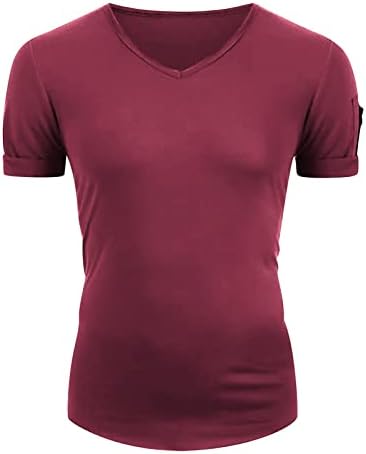 Машка V-врат Еластична цврста боја Краток ракав Основни едноставни маици за дното на врвот на врвни тенок пулвер кошули на врвот на
