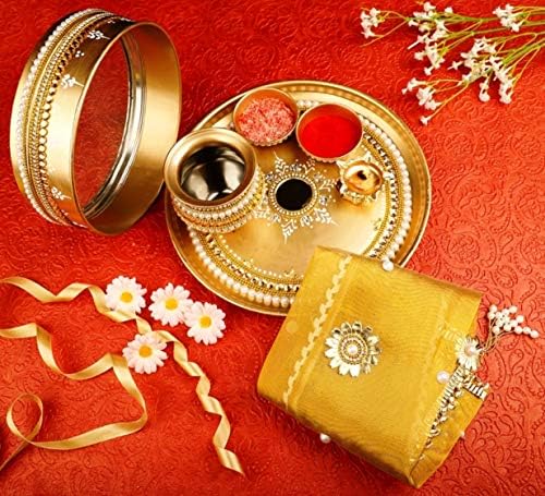 Itiha® злато Karwachauth/karvachauth Индиски традиционален декоративен пуја тали убав етнички подарок/канкавати/индиски ракотворби/карвахаут channi/pooja
