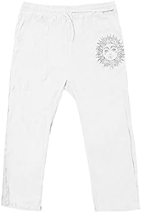 Памучни постелнини панталони за мажи, сонце графички хипи стил удобно дишење светлосни светлони панталони со јога