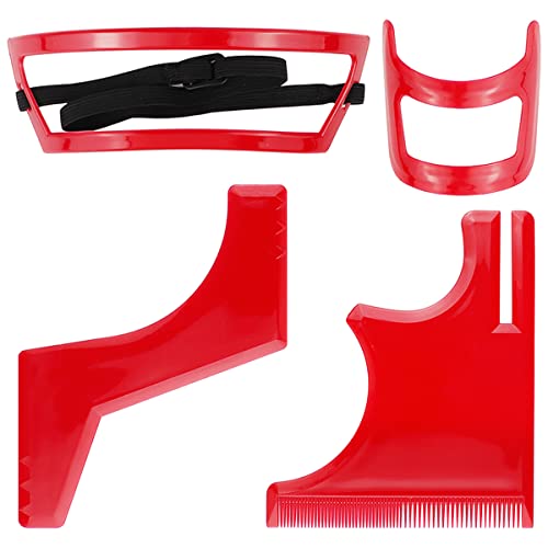 Комплет за алатки за обликување на брада од 4 компјутери, сет на образец за црвена пластична брада - обликување и образец за бричење