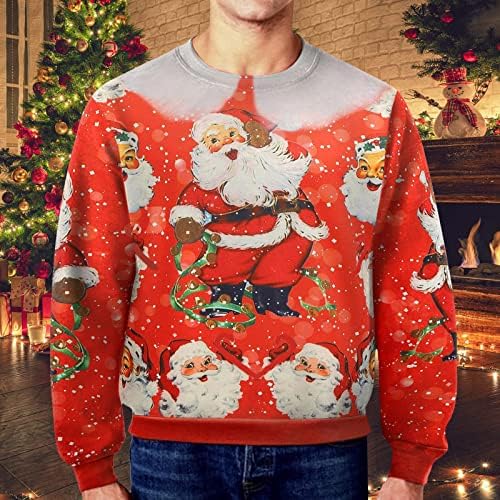 XXBR Грден Божиќен џемпер за мажи, 3Д смешен Божиќ Дедо Мраз печати долги ракави пулвер Зимски екипи за џемпери