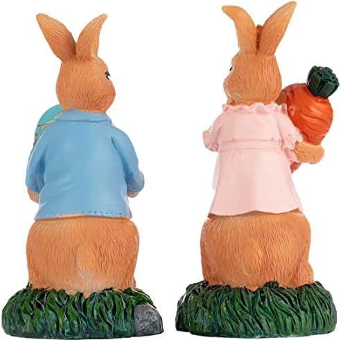 Велигденски зајаче фигурини 2 пакувања со морков и јајца Полирезин зајачиња украси пролетни табели декор за зајак фигурински