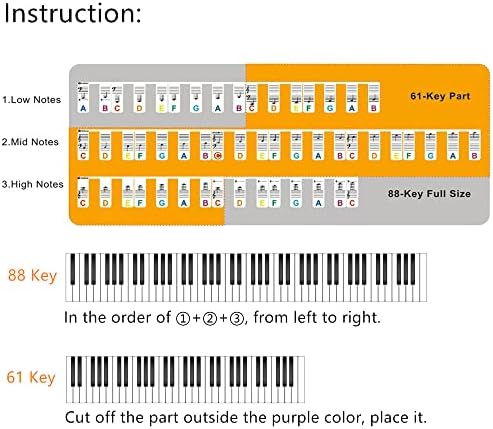 Водич за белешки за пијано Xajh за почетник, отстранлив тастатура за пијано, етикети за учење, 88/61/54/49/37 клуч, изработен од силикон, нема