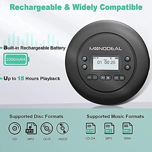ЦД плеер Преносен, Monodeal Bluetooth CD Player, компактен компактен мал плеер за мал Walkman со слушалки за автомобил и лична употреба