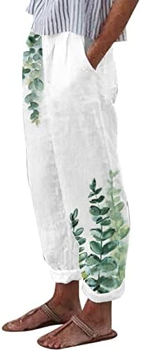 Grge beuu жени летни цвеќиња од лето -лесни лабави памучни постелнини панталони еластични панталони со затегнување на панталони со џебови