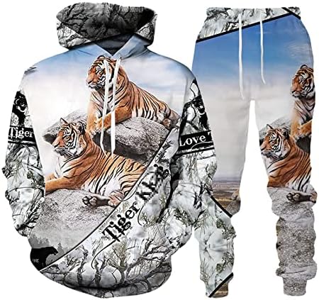 Animalивотински 3Д тигар печатена худи + панталони костуми кул мажи жени 2 компјутери спортска облека за тренерки постави есенска машка облека