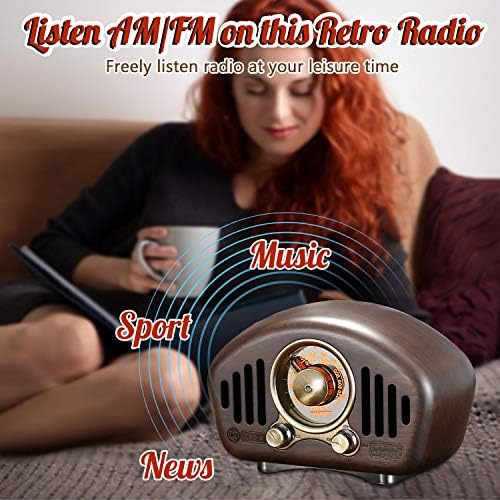 Greadio Vintage Radio Retro Bluetooth звучник, Walnut Wooden AM FM радио со најдобар прием, старомоден стил, Bluetooth 5.1, 3600mAh Батерија,