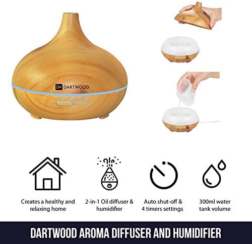 Dartwood Premium Ultrasonic Aroma Dificer и Huridifier - Есенцијално масло и масло испарувач со 7 LED режими на осветлување