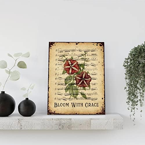 Блум со Грејс Вуд знак гроздобер музички лист крин цвет добредојден знак ретро ботанички уметнички дела дома wallид виси знак
