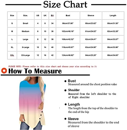 Врза за боја на врвови за жени, жени обични градиент печатени копчиња со долги ракави, нередовни врвови на блуза за пулвер