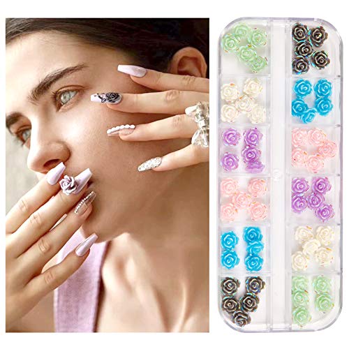 NICENEEDED 60 парчиња керамички слатки додатоци за нокти 6 бои рози цвеќиња нокти украс за украсување ноктите за жени за жени DIY