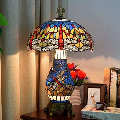 Тифани Стил витраж табела за стакло, класичен хотелски бар лоби, двојна ламба вазна ламби 40 см стаклена маса ламба сина змеј,