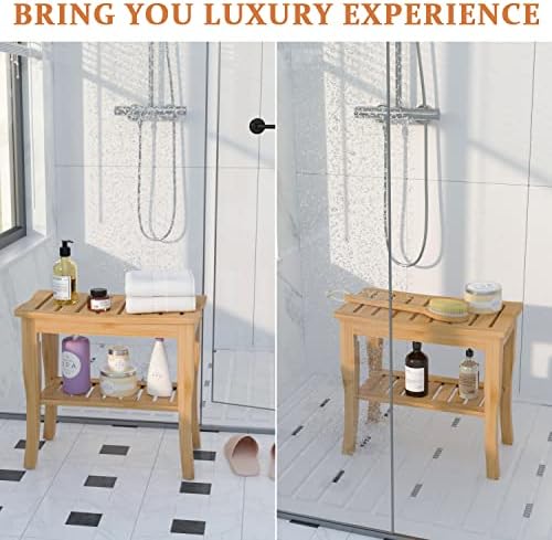 Домакс бамбус клупи за туширање за внатрешно туш - седиште за бања водоотпорна дрвена столица за туширање со полица за складирање за